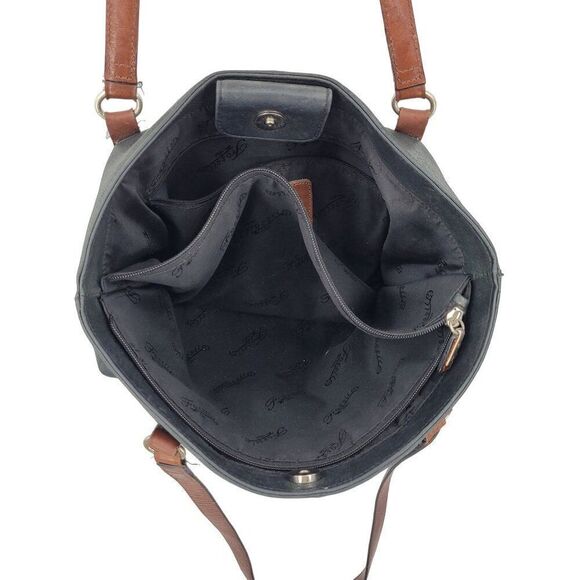 Fossil Black Genuine Leather Tote Bag Pebble Brown Embroidery Western City Med - Picture 10 of 12